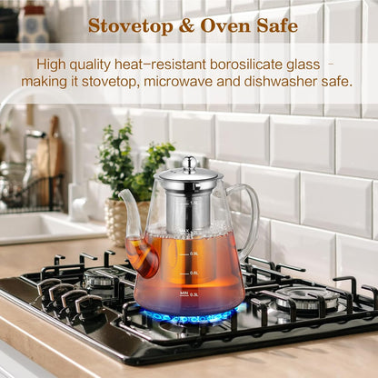 Glass Teapot, 1200ml (40oz) Tea Pot with Infuser for Loose Tea and Blooming Tea, Stovetop Safe Tea Kettle, Hand Crafted Borosilicate Glass Tea Maker with Scale Line, Tea Gift Set for Tea Lovers