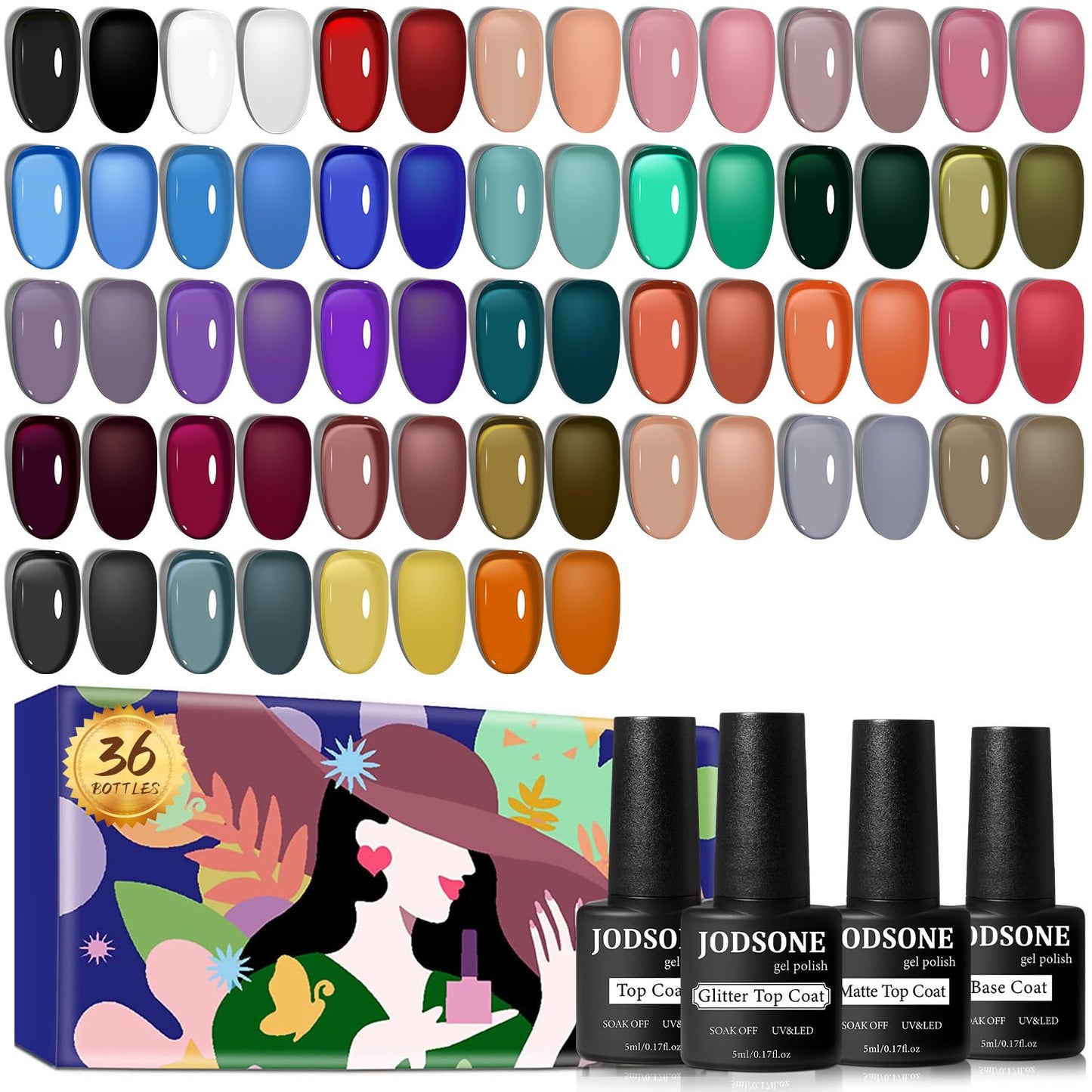 JODSONE Gel Nail Polish Kit 60 PCS with U V Light Soak off Base Top Coat 55 Shine Colors Gel Nail Kit Bright and Dark Brown Wine Red Series Manicure Set for Women and Girls