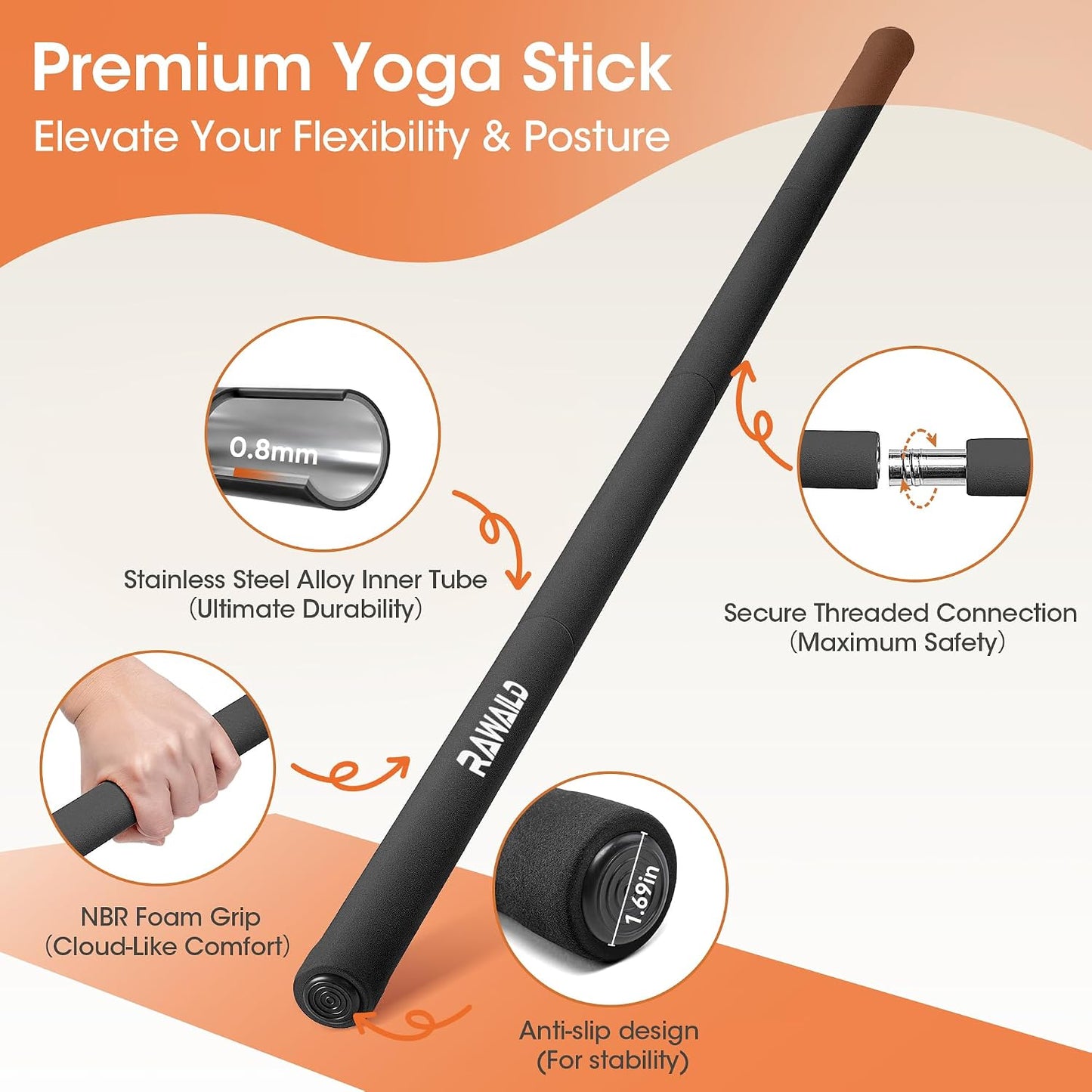 Yoga Stick, Upgraded 5ft Sturdy Steel Mobility Stick, Adjustable Exercise Equipment for Stretching, Flexibility & Balance, Physical Therapy & Posture Correction, Shoulder & Back Relaxation