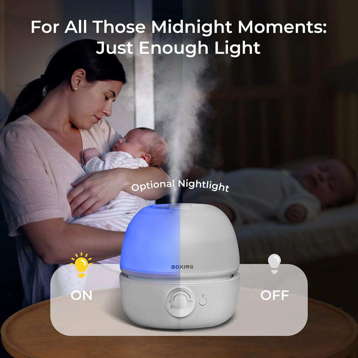 BOXING 3L Cool Mist Humidifier for Bedroom, Top Fill, Quiet, Night Light