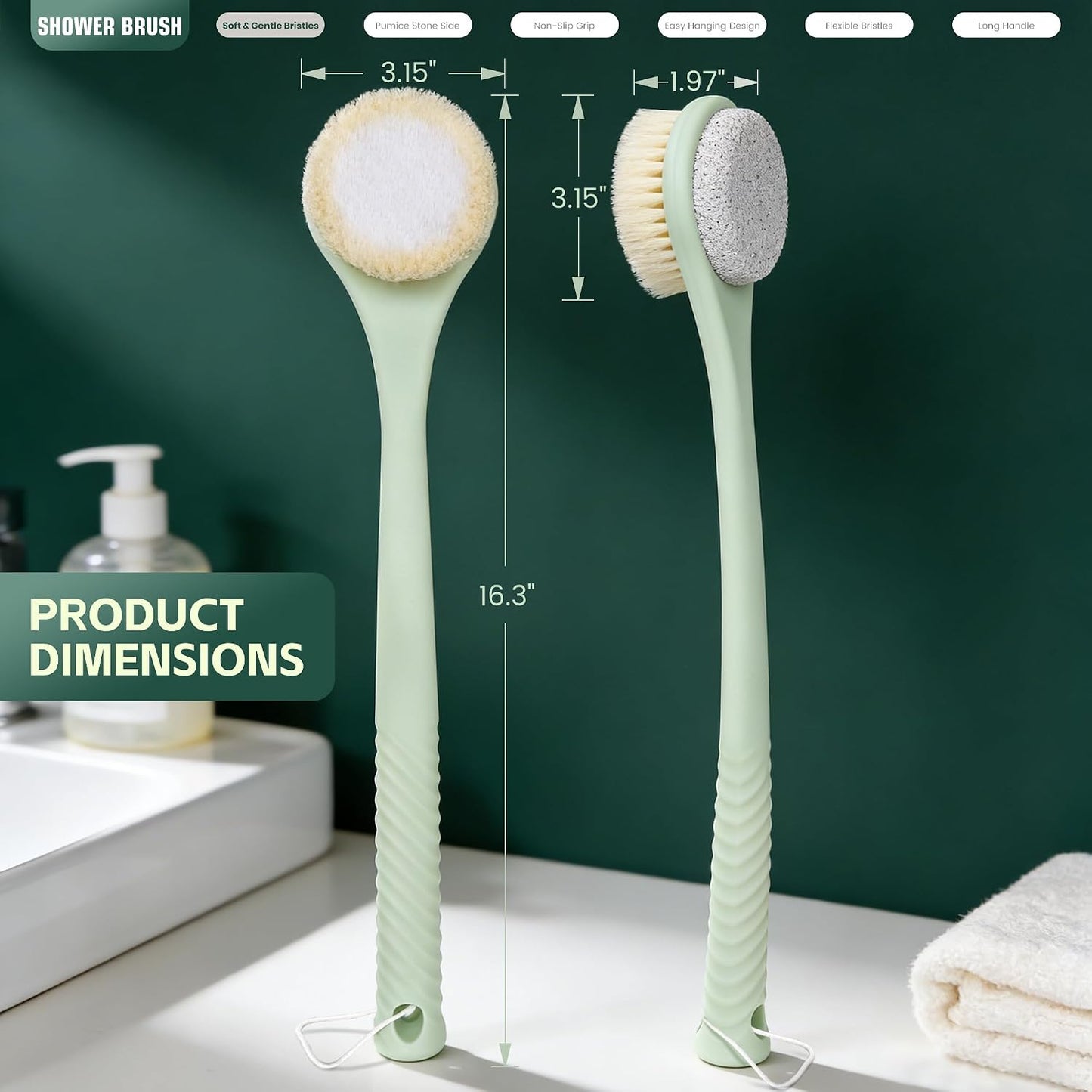 Back Scrubber for Shower, 15.7" Loofah with Handle, Back Shower Brush with Bristles and Loofah, Dry Brushing Body Brush for Cleanse Back and Hard to Reach Areas with Curved Long Handle
