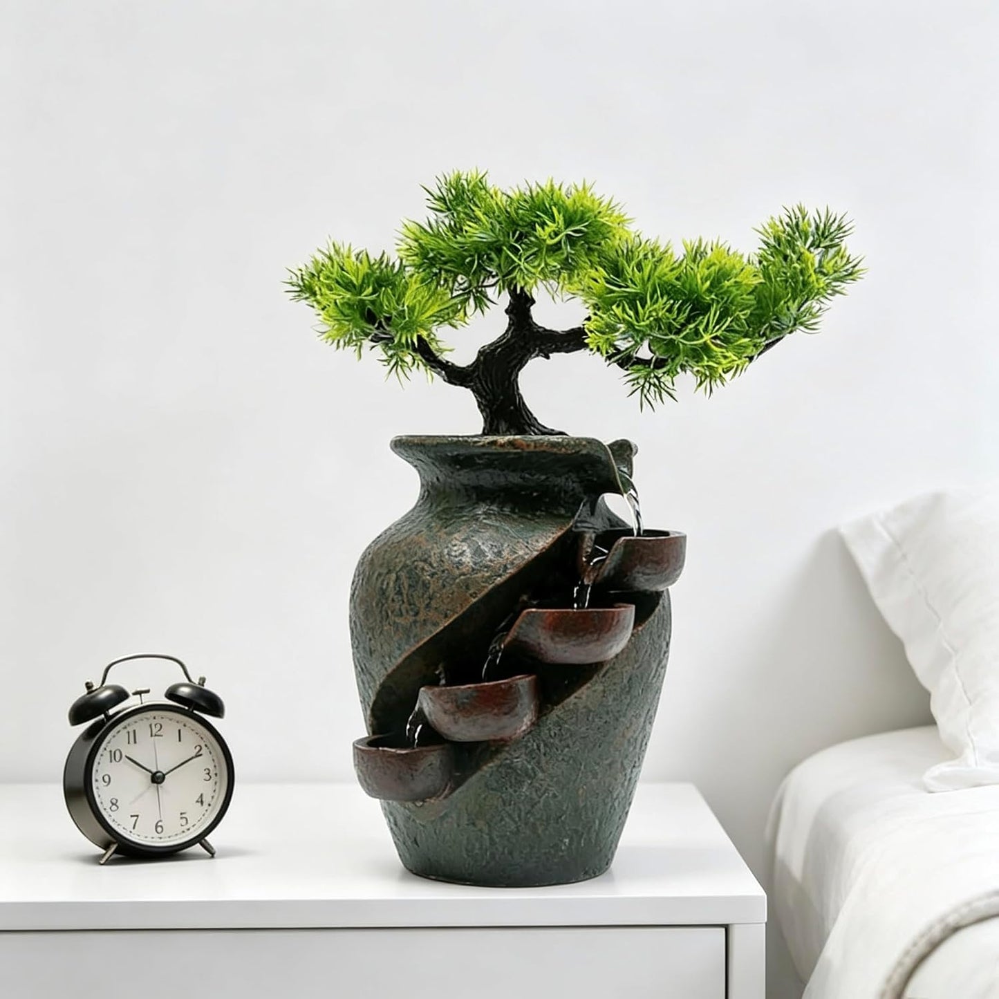Mini Artificial Bonsai Tree Waterfall Fog Feature Rock Tabletop Fountain | 11in Desktop Decor Waterfall Fountain W/ Water Pump& Atomizer&LED Lights &Fake Tree Office Bedroom Relax