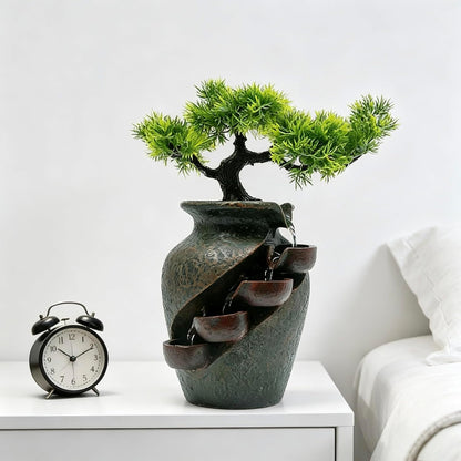 Mini Artificial Bonsai Tree Waterfall Fog Feature Rock Tabletop Fountain | 11in Desktop Decor Waterfall Fountain W/ Water Pump& Atomizer&LED Lights &Fake Tree Office Bedroom Relax