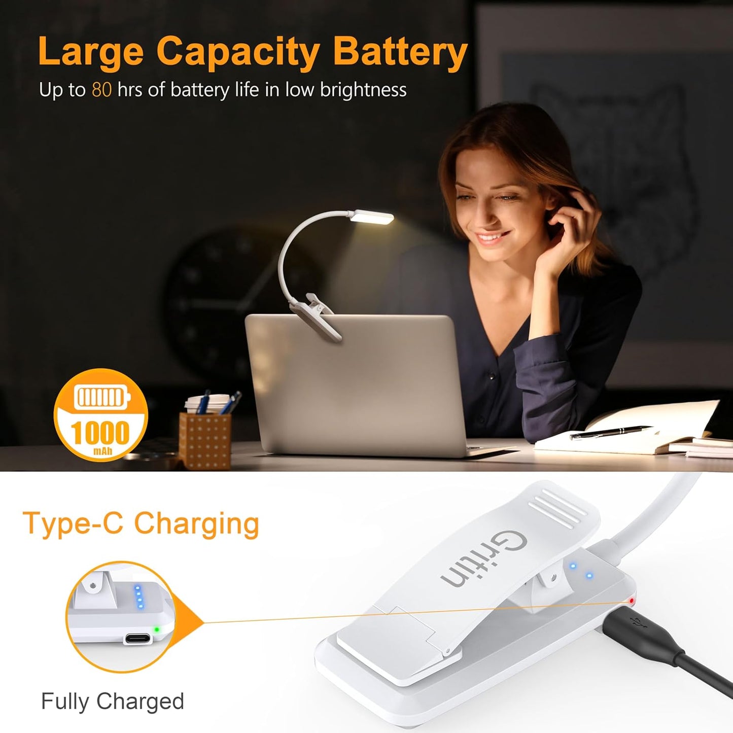 Gritin 9 LED Rechargeable Book Light for Reading in Bed | Eye Caring 3 Color Temps,Stepless Dimming Brightness,80 Hrs Runtime Small Lightweight Clip On Book Reading Light for Studying