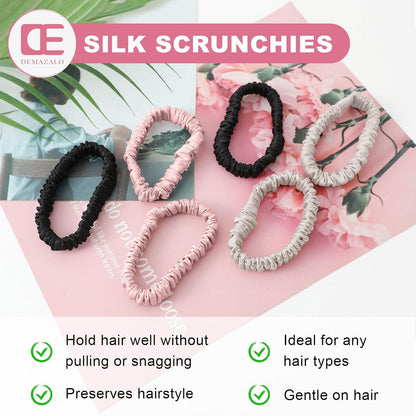 6Pcs Silk Hair Ties 100% Pure Mulberry Silk Scrunchies for Women Girls | No Hair Crease, Anti Frizz, Gentle Hold, No Damage, Black Brown Pink