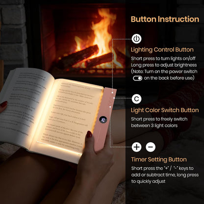 Book Light, Rechargeable Clear LED Flat Reading Light for Reading in Bed at Night with 3 Colors & Timer, Dimmable Full Page Panel Plate Lamp, Bookish Gifts for Readers Kids Women Men (Black)