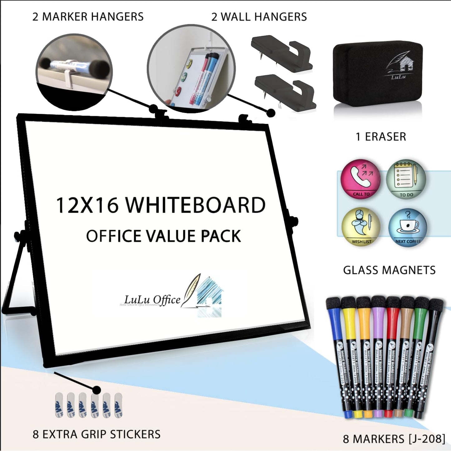 Dry Erase White Board for Desktop & Wall 12"x16" with 2 Magnetic Removable Planners - Weekly & Monthly to Do List Board with Stand, 6 Markers Eraser & Wall Hangers - Portable Double Sided Magnetic