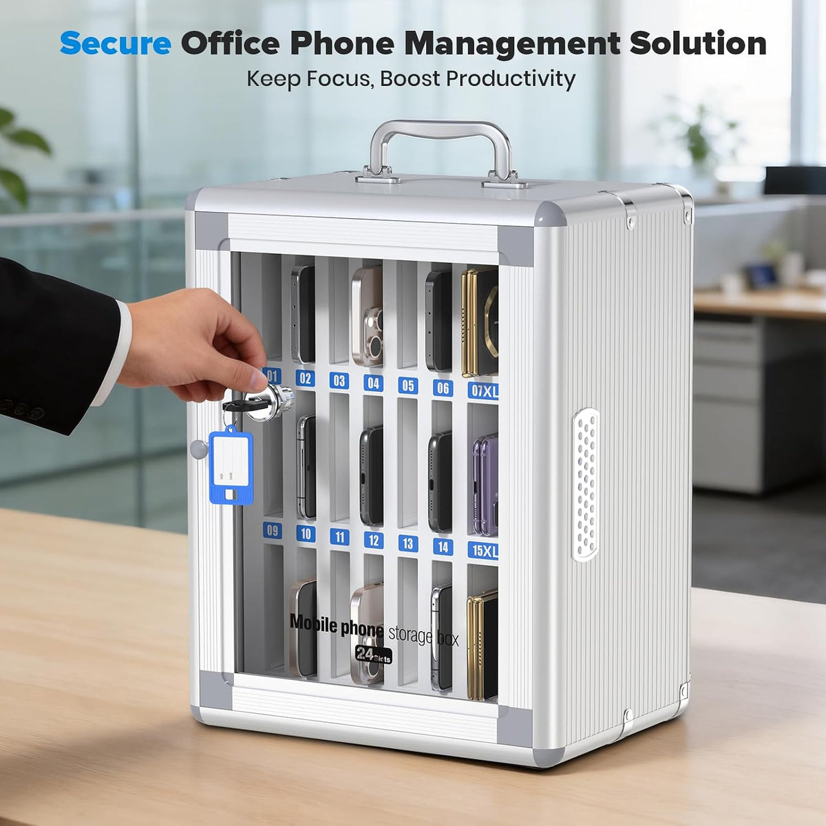 24 Slots Cell Phone Locker, Classroom Phone Storage Cabinet with Key, 【Wall Mounted】 【Aluminum Alloy】 Phone Lock Box, Mobile Phone Lockbox with Handle for School Office Exam(Silver)