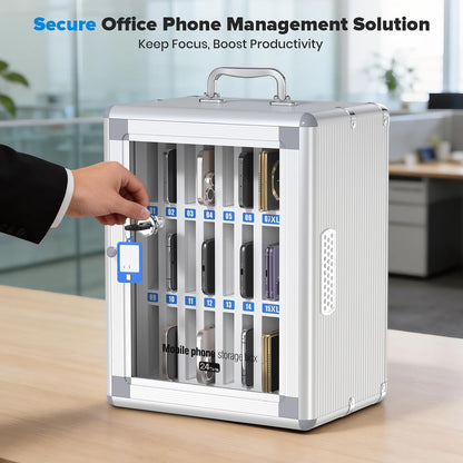 24 Slots Cell Phone Locker, Classroom Phone Storage Cabinet with Key, 【Wall Mounted】 【Aluminum Alloy】 Phone Lock Box, Mobile Phone Lockbox with Handle for School Office Exam(Silver)