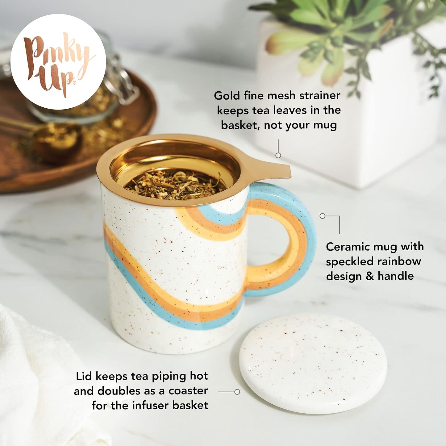 Pinky Up Annette Ceramic Tea Cup with Infuser and Lid, Travel Mug for Loose Leaf Teas, Home Office, Camping, Picnic Party, 12 oz, Set of 1, Honeycomb