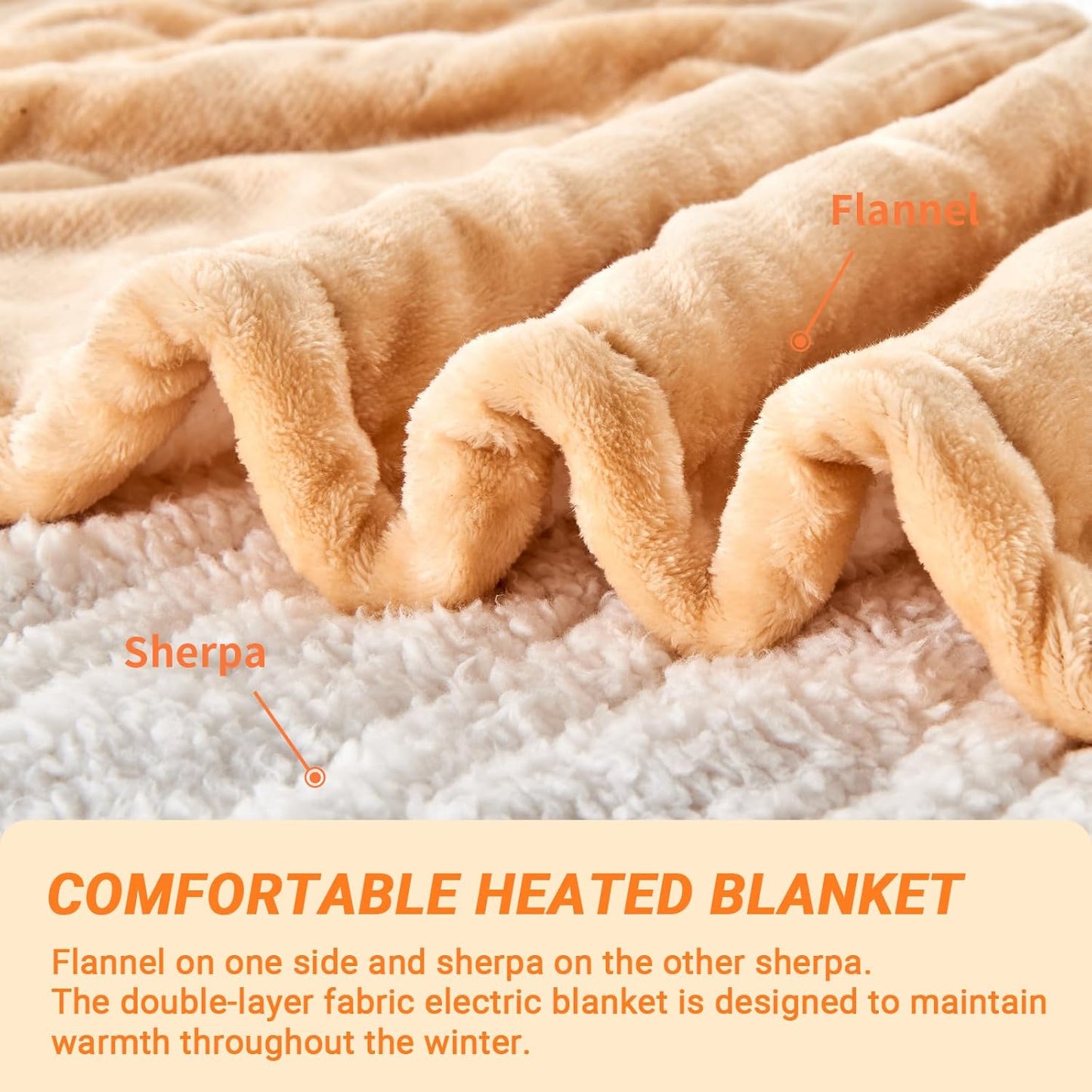Electric Blanket Heated Throw, Soft Flannel 50"x60" Heating Blanket with 8 Hours Auto Off 10 Fast Heating Levels Machine Washable Sherpa Heated Blanket with Overheating Protection