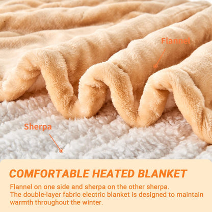 Electric Blanket Heated Throw, Soft Flannel 50"x60" Heating Blanket with 8 Hours Auto Off 10 Fast Heating Levels Machine Washable Sherpa Heated Blanket with Overheating Protection