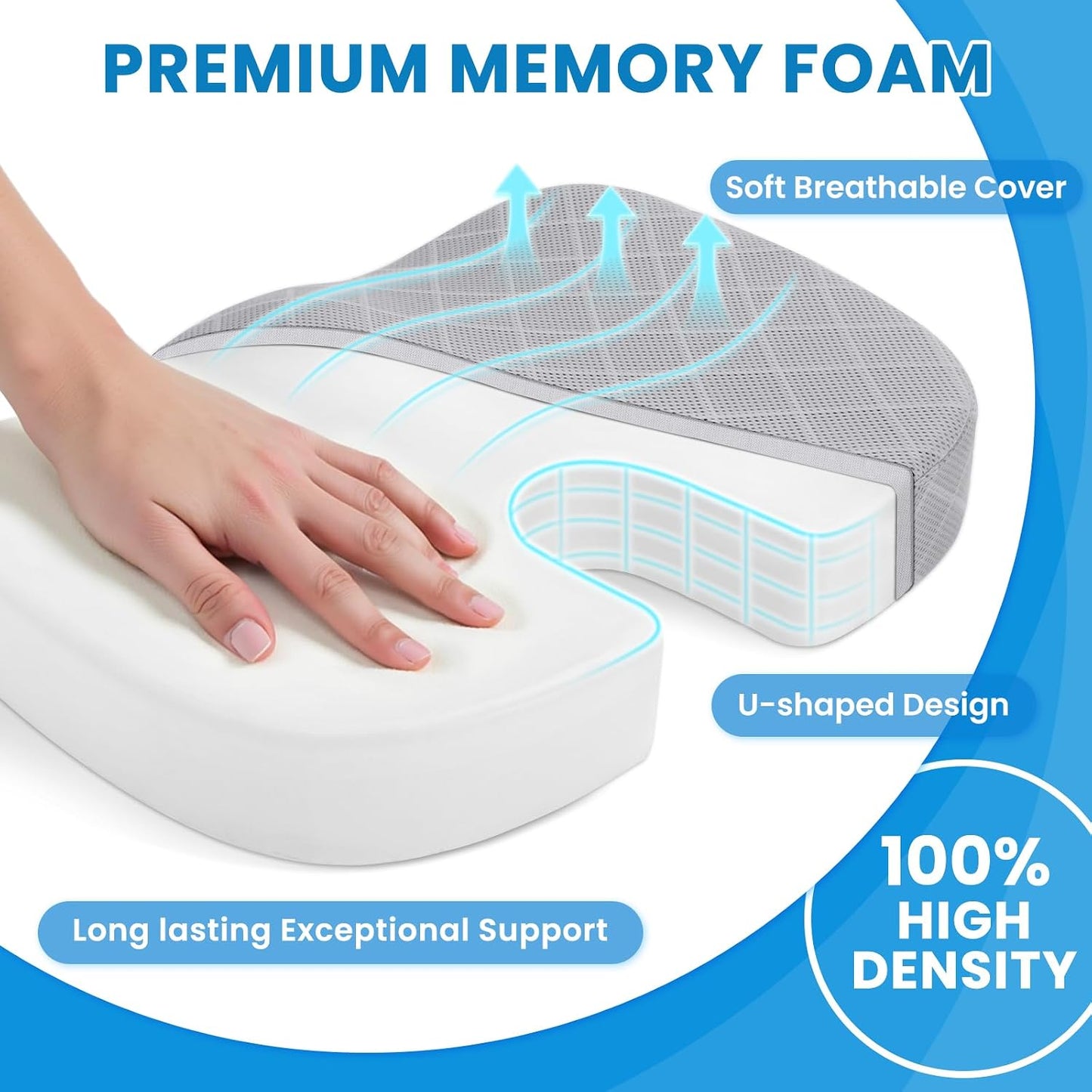 TushGuard Seat Cushion - Memory Foam Sitting Pillow for Office Chair, Car Seat, Airplane, Bleacher - Sciatica & Hip & Coccyx Pain Relief Desk Chair Cushion for Long Sitting Office Workers, Car Drivers