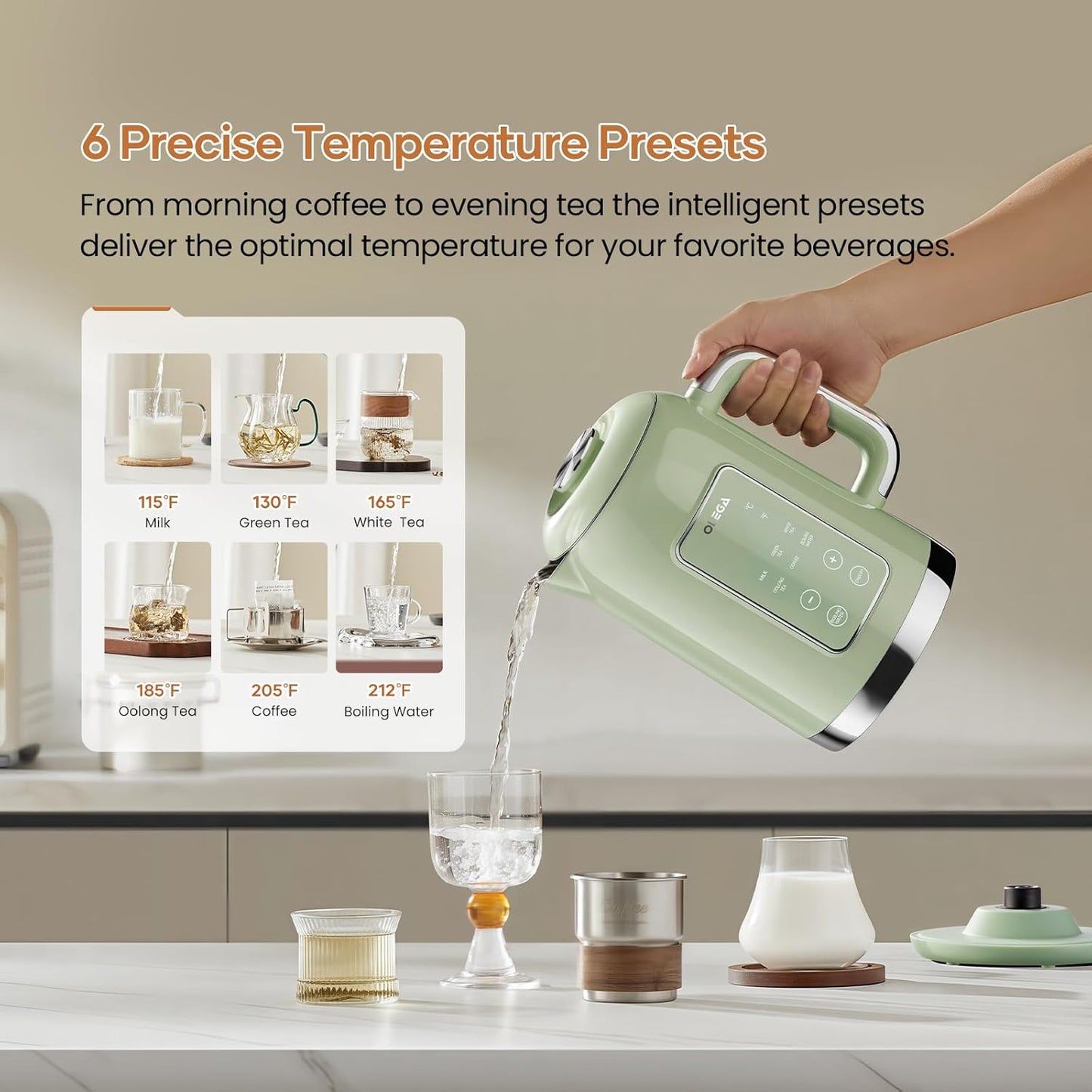 Electric Kettle Temperature Control: OLEGA 1.5L Stainless Steel Smart Kettle Hot Water Boiler, 6 Temp Presets, 1200W Fast Boiling Electric Tea & Coffee Kettle, Electric Kettles Teapot for Home -Green