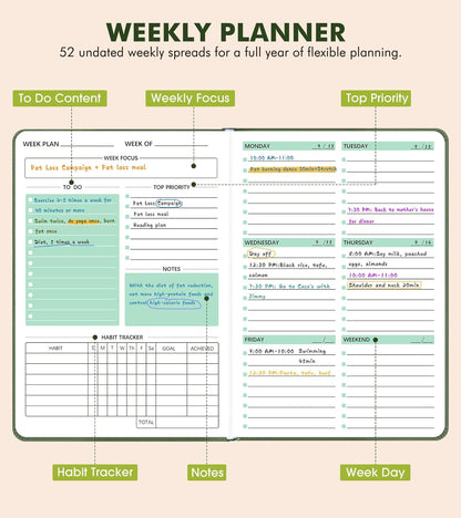 Undated Weekly and Monthly Planner, Hardcover Leather Calendar Blank Planner, Simplified To Do List Notebook with Goal & Habit Tracker Organizer, A5 Daily Weekly Planner for Work School Home, Black