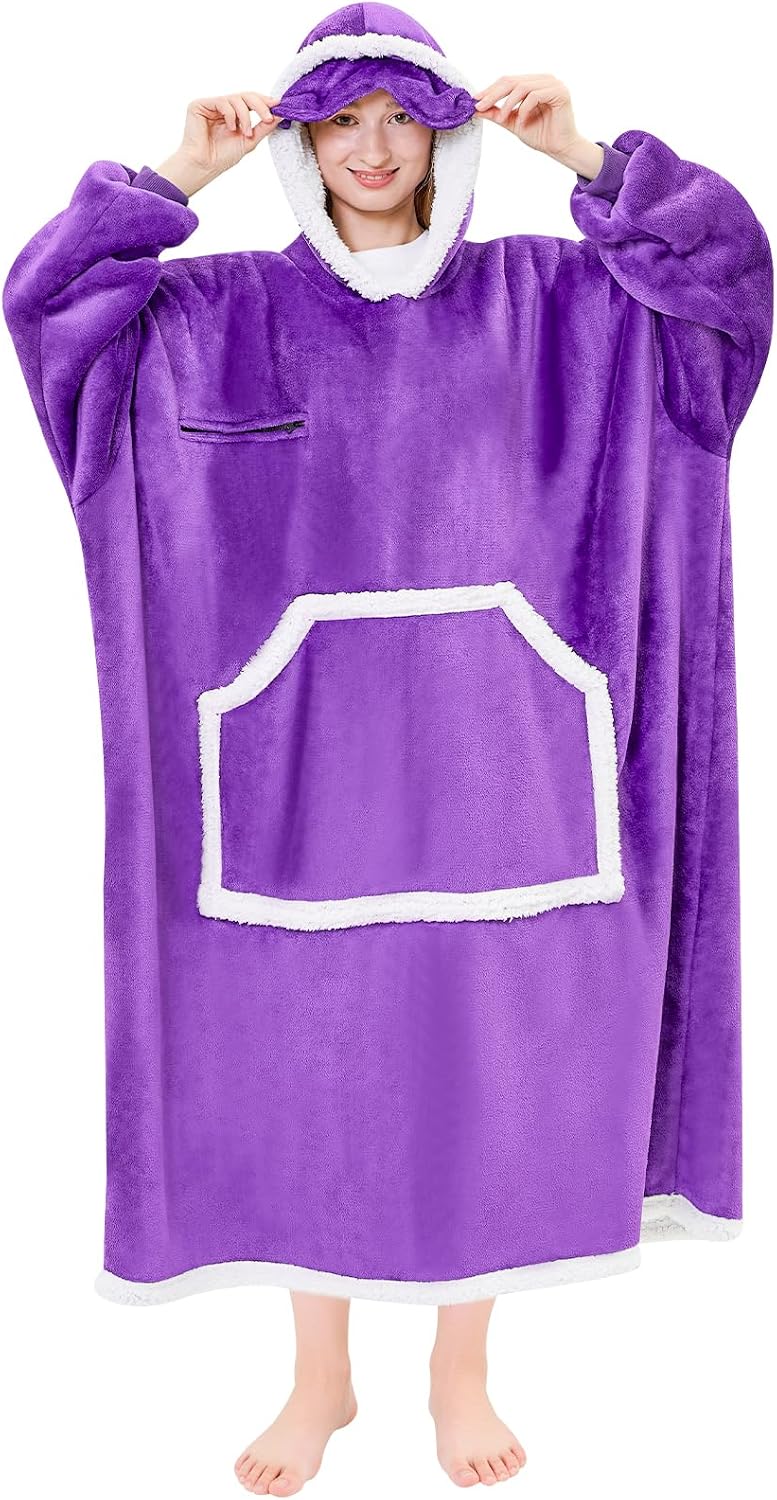 IFNOW Wearable Blanket Hoodie, Oversized Sherpa Fleece Hooded Blanket Sweatshirt with Eye Mask and Pocket, Comfy Long Flannel Blanket for Adults Men,Gifts for Women Mom Girlfriend,MoonFace