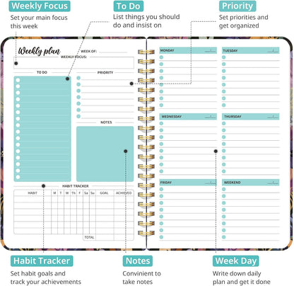 Taja Undated Weekly Planner, Weekly To Do List Notebook with Goal & Habit Tracker Organizer, A5 Weekly Planner Notebook with Spiral Binding, 6.1" x 8.2" - Green