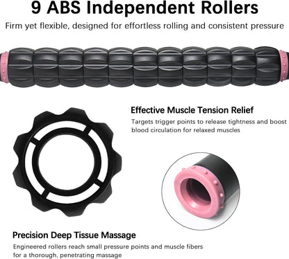 Muscle Roller Massage Roller Stick- Deep Tissue Fascia Blaster for Myofascial Pain Relief, Lymphatic Drainage & Body Sculpting, Handheld Physical Therapy & Recovery Tool (Pink black-18 inch)