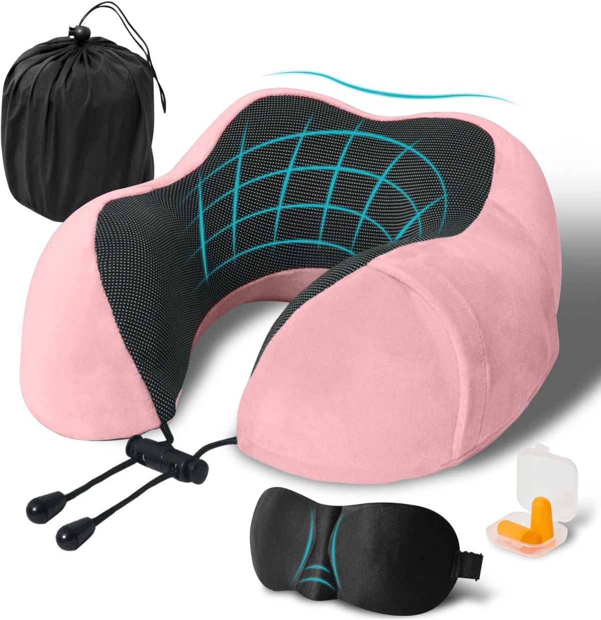 Travel Pillow, Memory Foam Neck Pillow for Traveling, U Shape Neck Pillow Airplane Portable Flight Pillow Travel Kit with 5D Contoured Eye Masks and Earplug for Plane Train Car Home Office