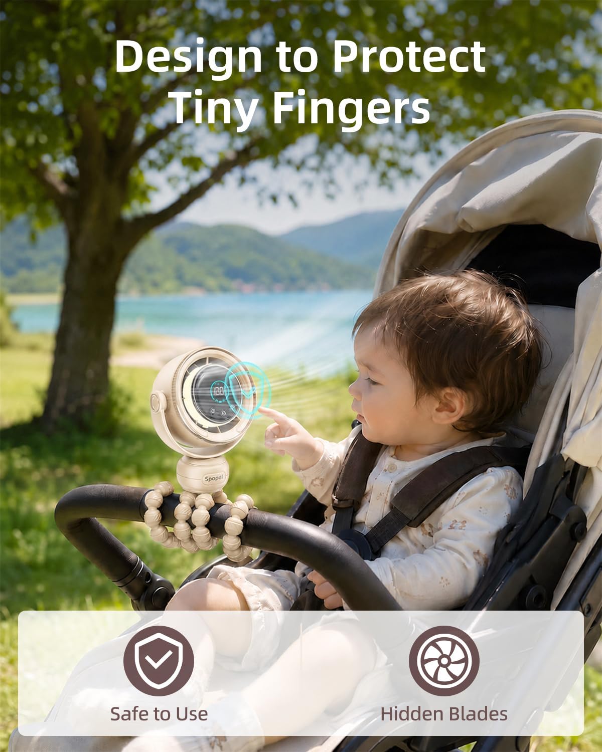 Spopal Portable Baby Stroller Fan, 120° Auto Swing, LED Display- Beige