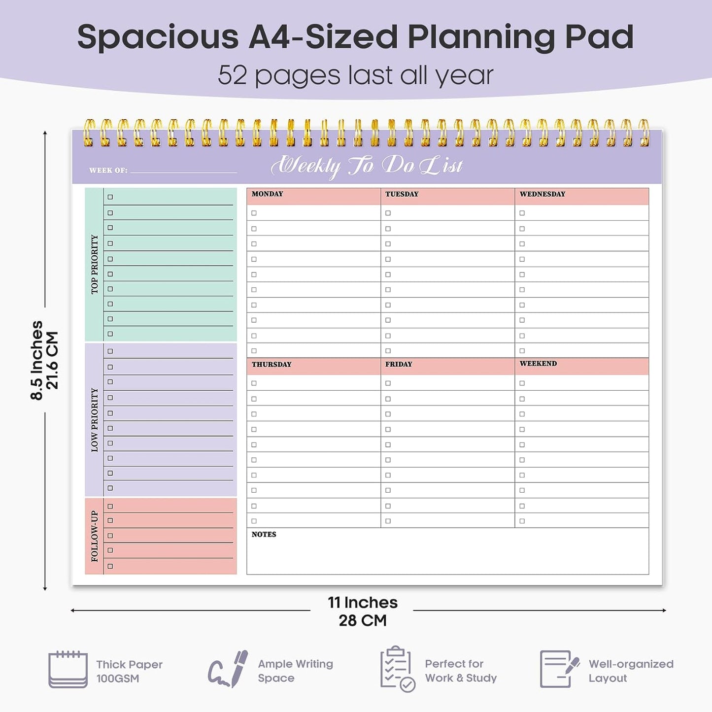 Taja Weekly To Do List Notepad, Undated Weekly Planner Pad, 8.5" x 11"
