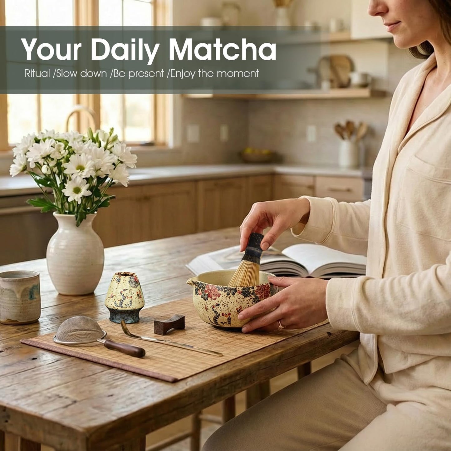Matcha Whisk Set, 7-Piece Matcha Kit with Ceramic Bowl, Bamboo Whisk, Scoop, Sifter, Holder & Bamboo Mat – Premium Matcha Tea Set for Beginners & Matcha Lovers