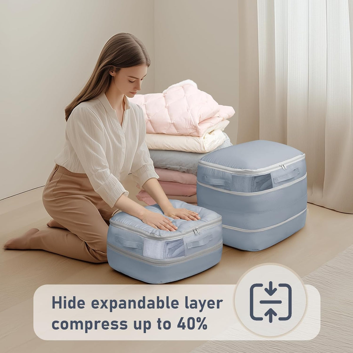 DIMJ Comforter Storage Bag - Blanket Storage Organizer Compression Bags, Large Capacity Ultra Space Saving Self Compression Organize for Bedding, Pillow, Duvet, Sheet Storage with Zipper Window