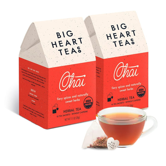 Big Heart Tea Co. Tea Bags - Fiery Masala Chai - Certified Organic, Ayurvedic Herbal Decaf Tea with Small Batch Ground Sweet Herbs and Spices including Adaptogenic Tulsi, Rooibos, Ginger, 20 Tea Bags