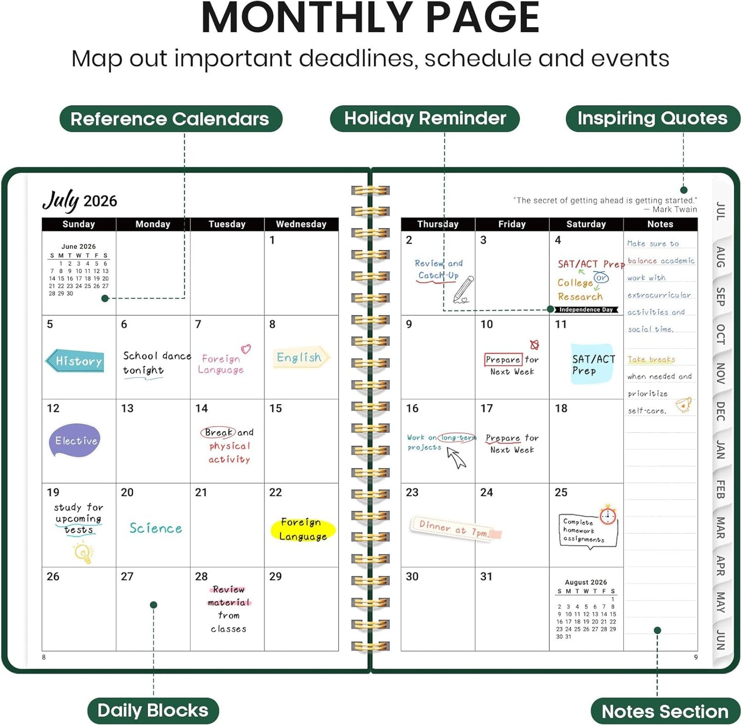 Planner 2026-2027 for Women & Men, Academic Monthly and Weekly Calendar Planner, Jul 2026 - Jun 2027, A5 (6.3" x 8.5"), Teacher Student Planning Book with Tabs, Ideal for Office School Supplies - Pink