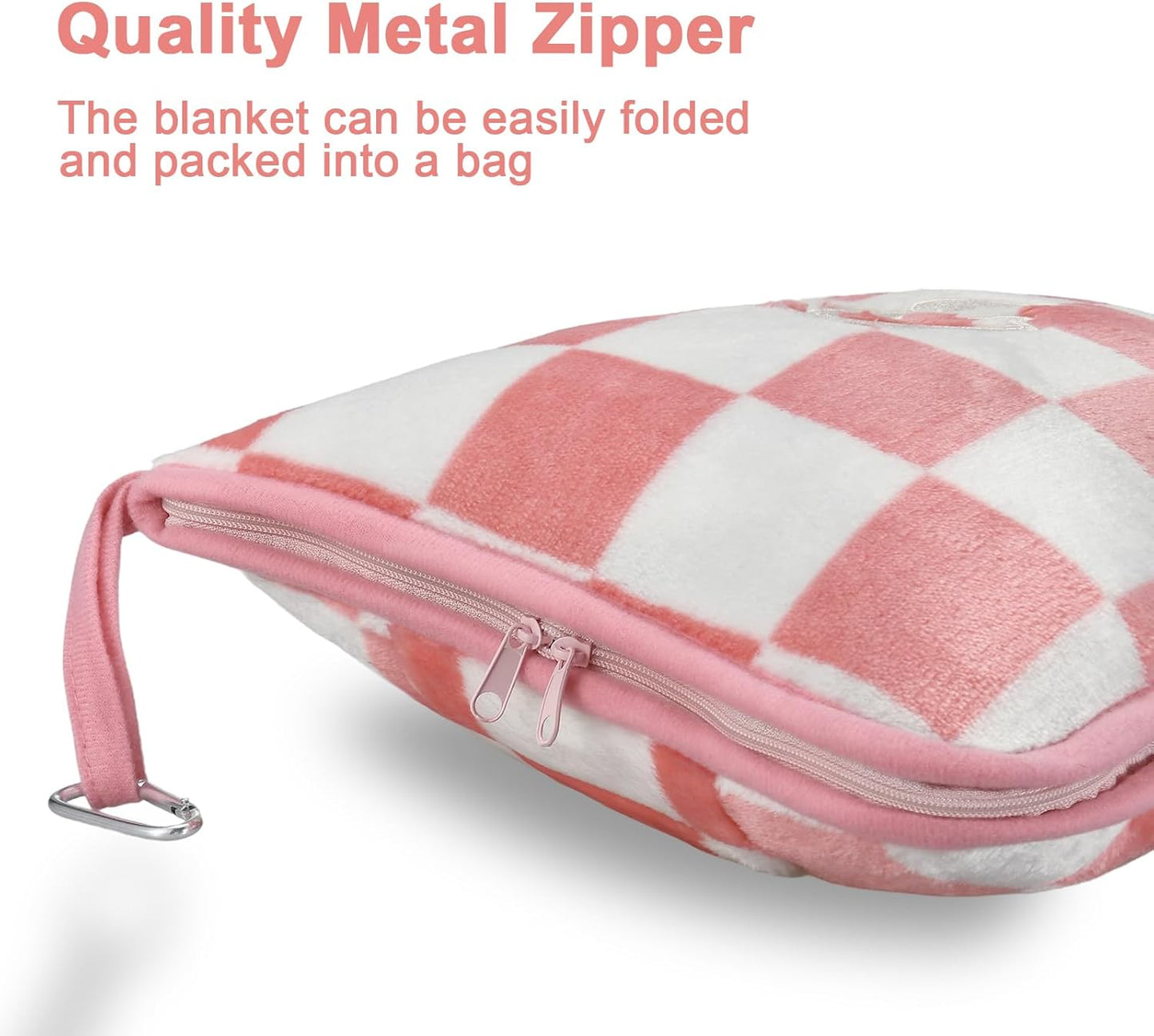 Travel Blanket and Pillow Compact, Premium Soft 2 in 1 Airplane Blanket with Soft Bag Pillowcase，Hand Luggage Sleeve and Backpack Clip (Checkered Black)