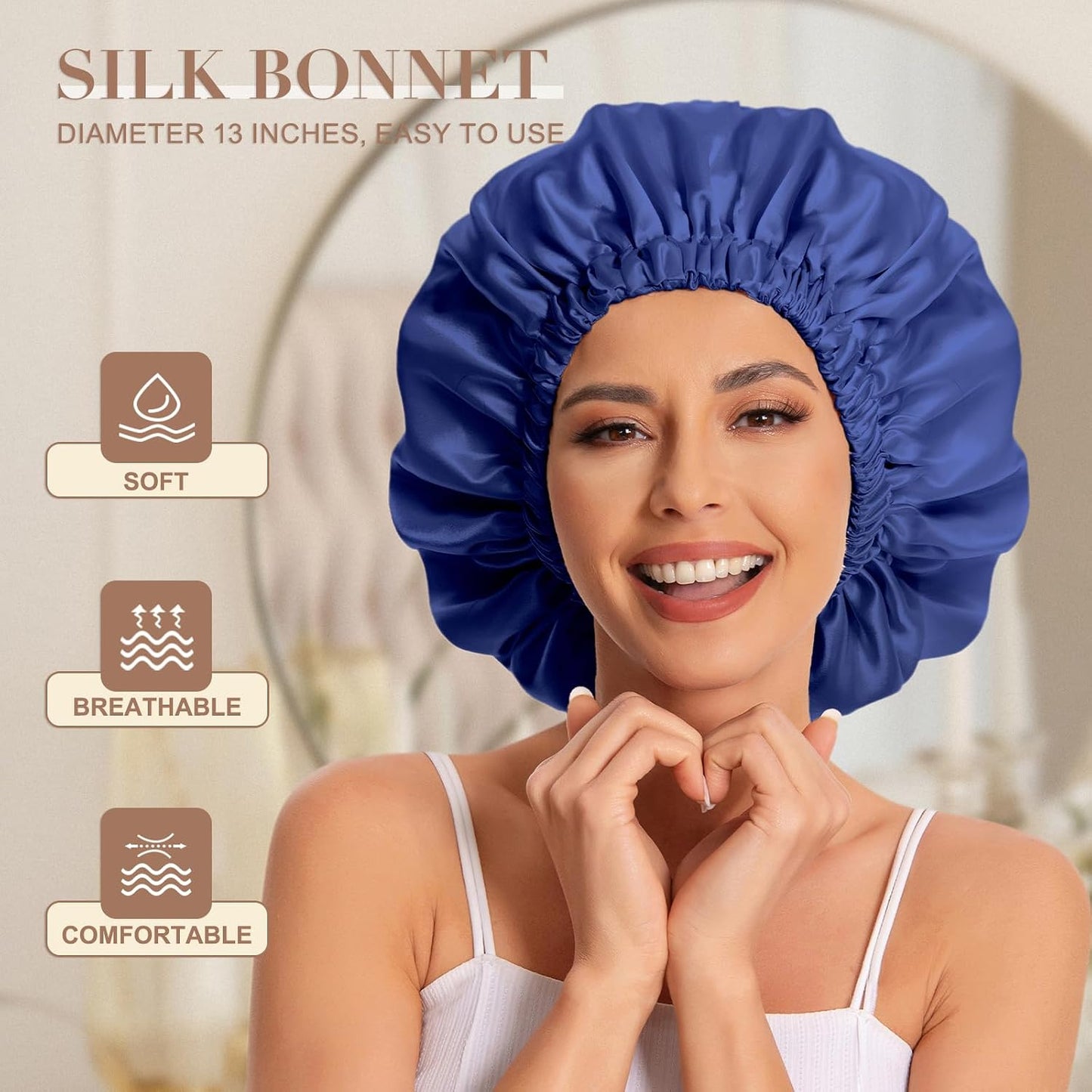 Satin Bonnet Silk Bonnet Hair Bonnet for Sleeping-Slouchy Beanie Hat Satin Sleep Cap for Women's Natural & Curly Hair(Blue Zircon)