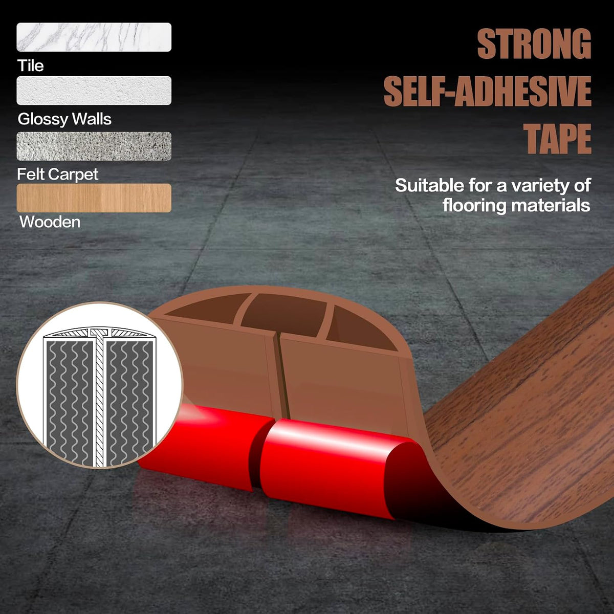 Floor Cord Cover Self Adhesive Cord Hider,10FT Cable Management, Extension Strip Protector for Wires, Prevent Cable Trips for Offices, Gyms, Exhibitions Cavity 0.39"(W) x 0.27"(H) BrownWood