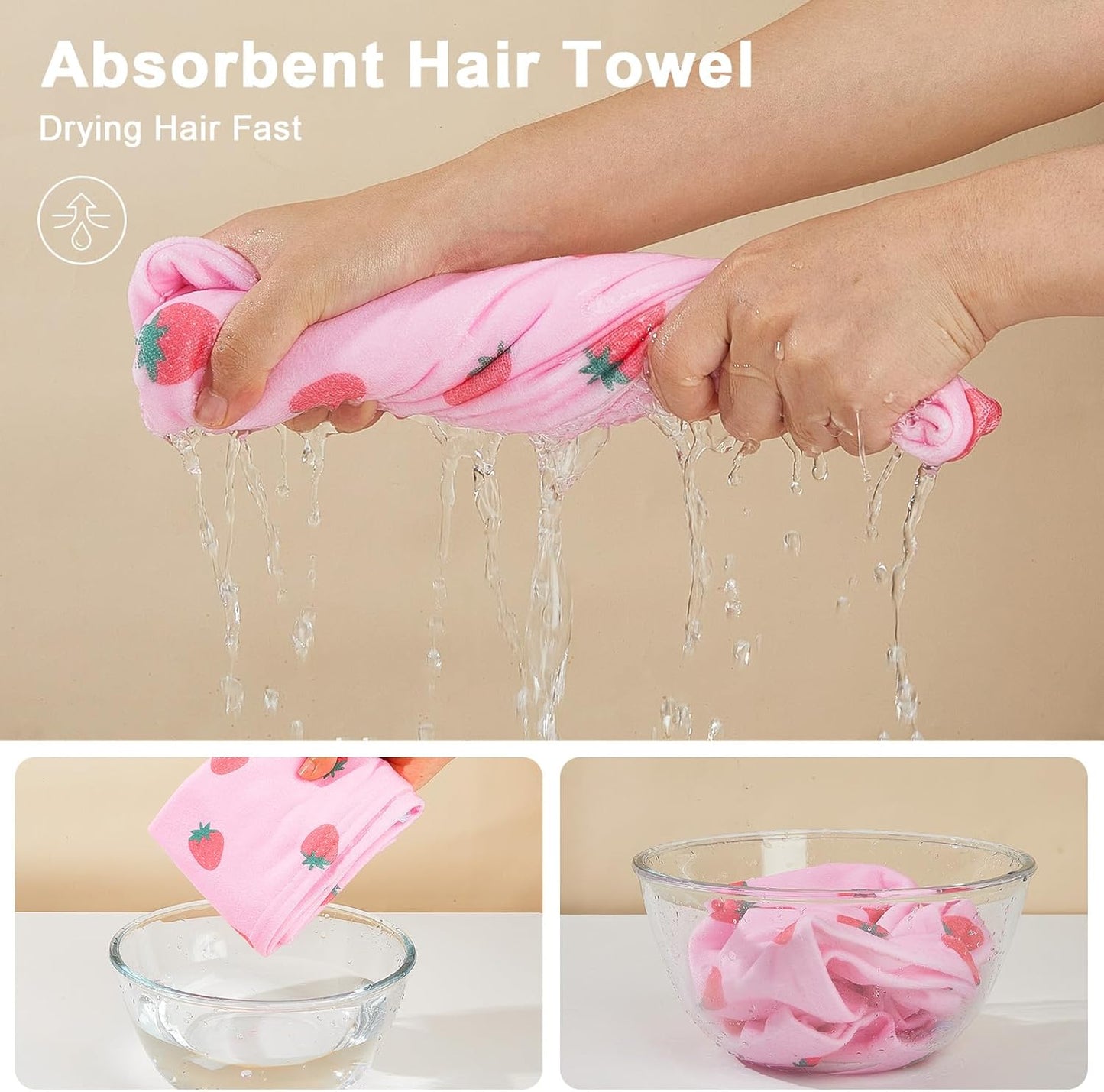 Unicorn Castle Microfiber Hair Towel for Kids 2Pack Hair Wrap Towels Absorbent Hair Drying Towel Wrap Hair Turbans for Curly Thick Hair, Pink White Strawberry
