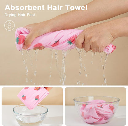 Unicorn Castle Microfiber Hair Towel for Kids 2Pack Hair Wrap Towels Absorbent Hair Drying Towel Wrap Hair Turbans for Curly Thick Hair, Pink White Strawberry