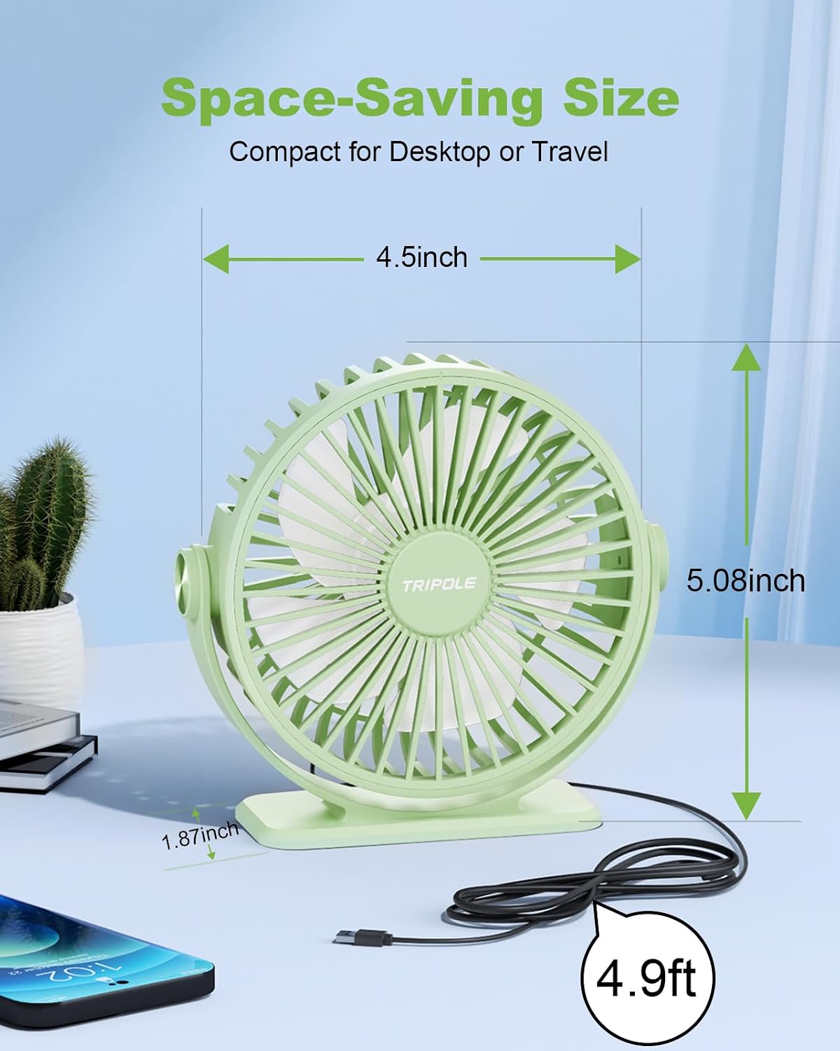 TriPole Desk Fan USB Powered Small Portable Fan, 3 Speeds Adjustable Strong Breeze Mini Personal Fans, 360° Rotation Quiet Plug In USB Fans for Desktop Bedroom Office Table Travel, Black, 4.9ft Cable
