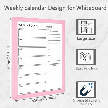 Dry Erase White Board Weekly Calendar Board, Magnetic Whiteboard for Wall,10.6“x14.7 Solid Wood Rustic Brown Framed Message Board, Planner Board for Office, Home, Schooll(Weekly-BB-RB-2737)
