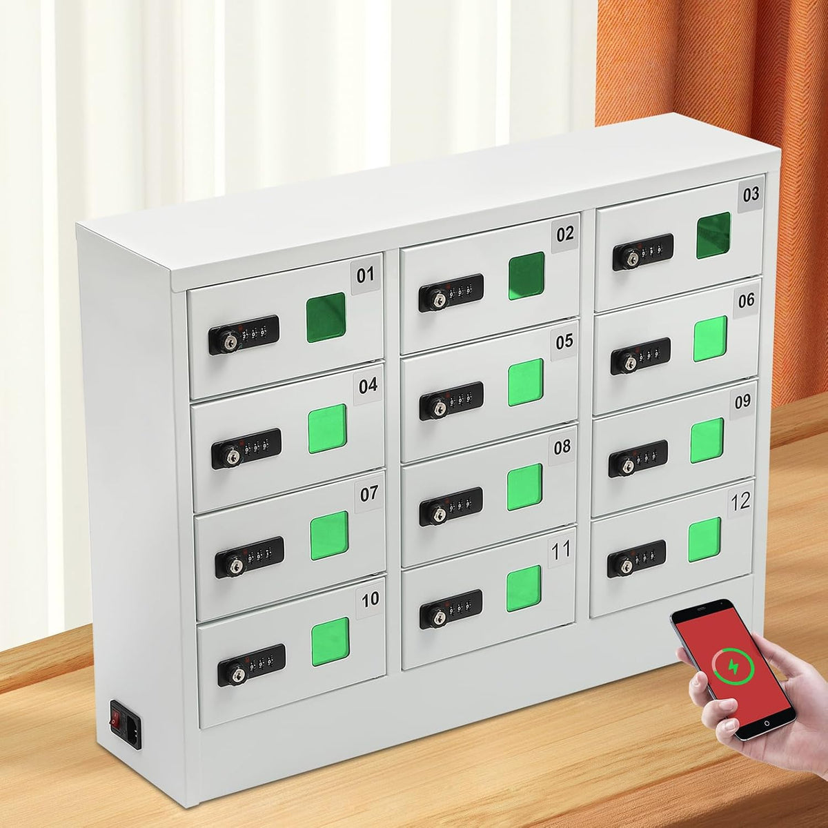 12 Slots Cellphone Locker, 12-Compartment Cellphone Charging Station with Combination Lock, 3 in 1 Charging Ports Phones Storage Pocket, Steel Plate Ipad Mini Storage Cabinet for Classroom Office