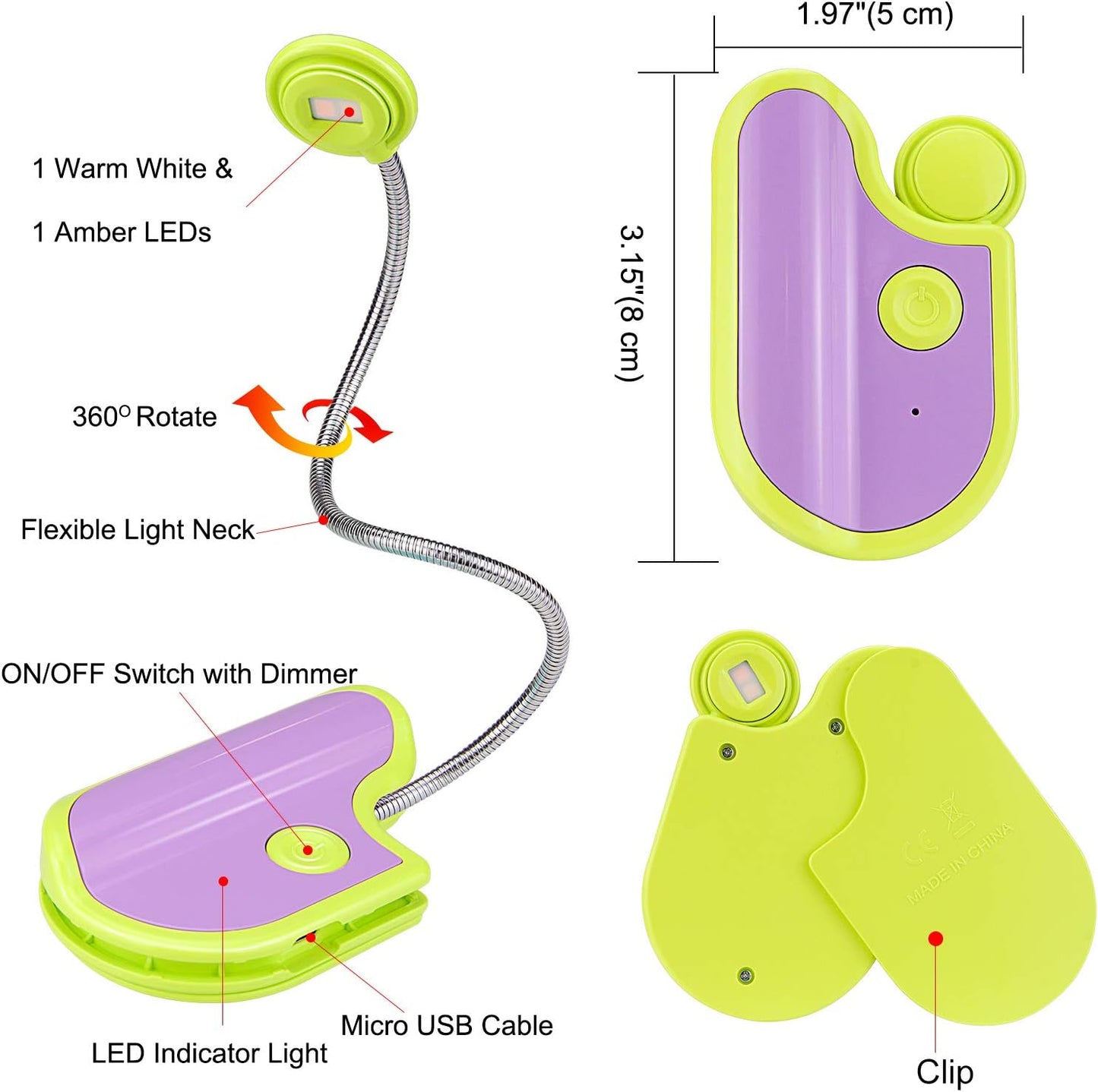 Amber Reading Light Rechargeable, Book Light Kids for Reading in Bed, Clip On Reading Book Light, 2 Lighting Modes, Blue Light Blocking for Eye-Care, Small Bookmark Light for Bookworm-Violet