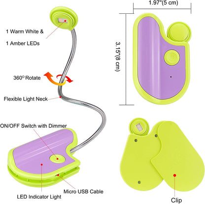 Amber Reading Light Rechargeable, Book Light Kids for Reading in Bed, Clip On Reading Book Light, 2 Lighting Modes, Blue Light Blocking for Eye-Care, Small Bookmark Light for Bookworm-Violet