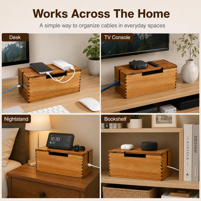 Acacia Wood Cable Management Box,Office Under Desk Cable Storage Box for Wire, Cord Hider Organizer for Power Strip, Electrical Hiding, TV Wires, Desk & Floor Cables