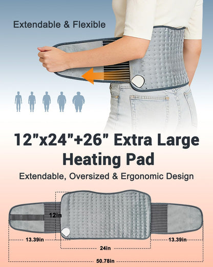 Heating Pad for Back Pain Relief, 12" x 24" + 26" XL Electric Heating Pad for Period Cramps with Loop Fastener for Hands-Free 360 Fit, 4 Timers & 6 Temperatures, Auto Shut-Off, Machine Washable