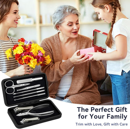 9 in 1 Professional Manicure Pedicure Set, Premium Stainless Steel Nail Clipper Grooming Tools with Magnetic Leather Travel Case, Portable Nail Kit Gift for Men & Women(Black)