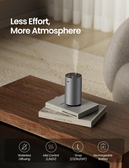 Waterless Essential Oil Diffuser, Rechargeable Scent Diffusers with 3 Mist Levels & Timers, Portable Aromatherapy Diffuser for Home Car Room Studio Office, Black Metal