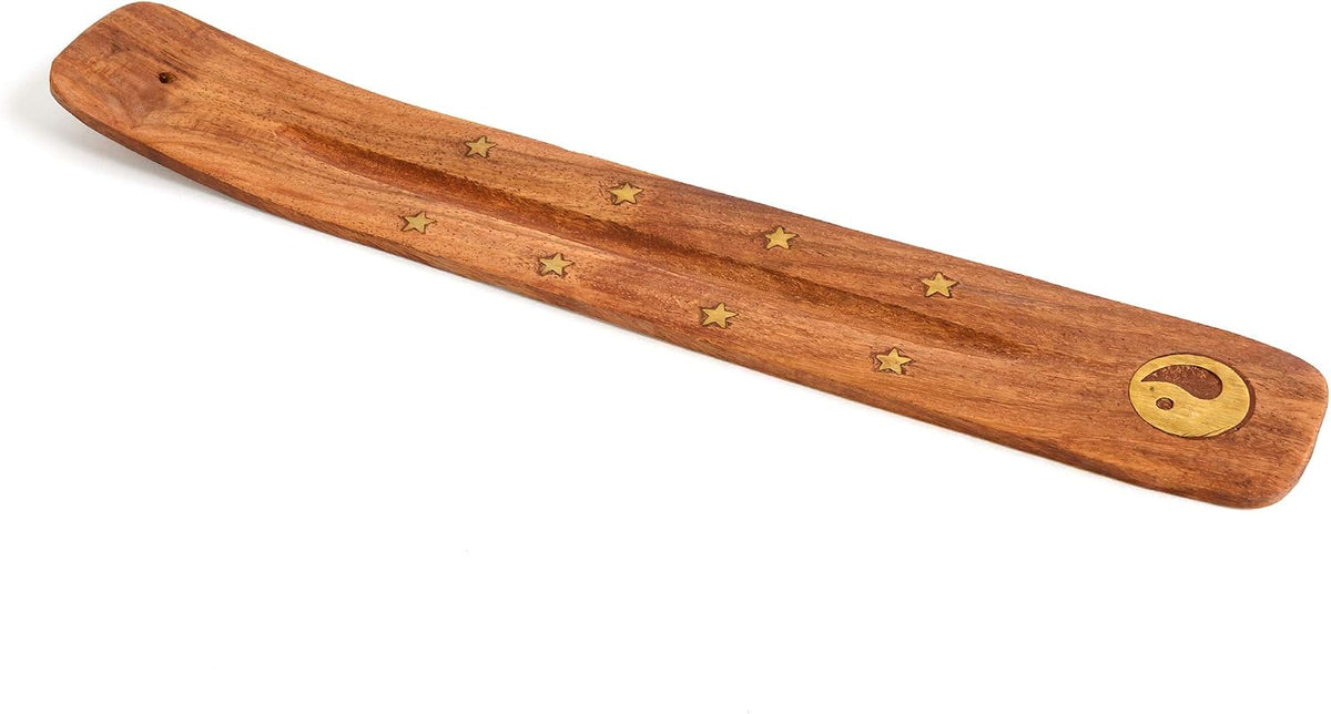 Wooden Incense Holder for Sticks with Inlays of Brass Crescent Moon 10 inches Long