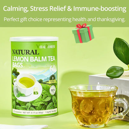 60 Lemon Balm Tea Bags - VitalForest Dried Lemon Balm Leaves Tea -1.5g/Bags, Calming Herb, Stress Relief & Sleep Support, Non-GMO, Caffeine-Free