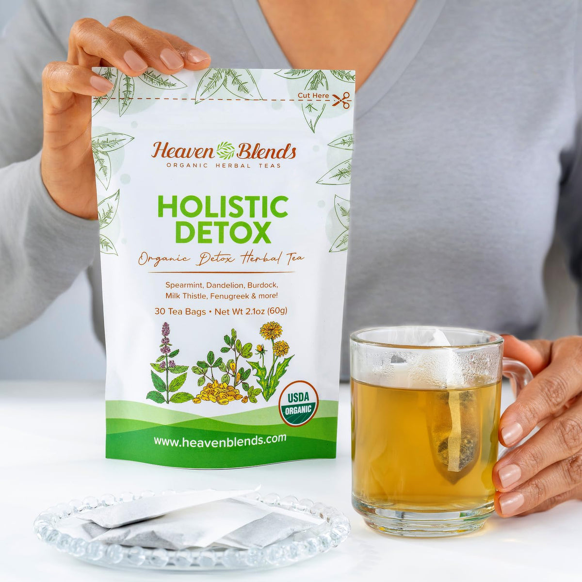 Heaven Blends Organic Holistic Detox Tea – USDA Organic - Spearmint, Dandelion, Burdock, Milk Thistle Seed, Fenugreek & Yellowdock Root – sugar free, caffeine free, and gluten free. 30 Sachet