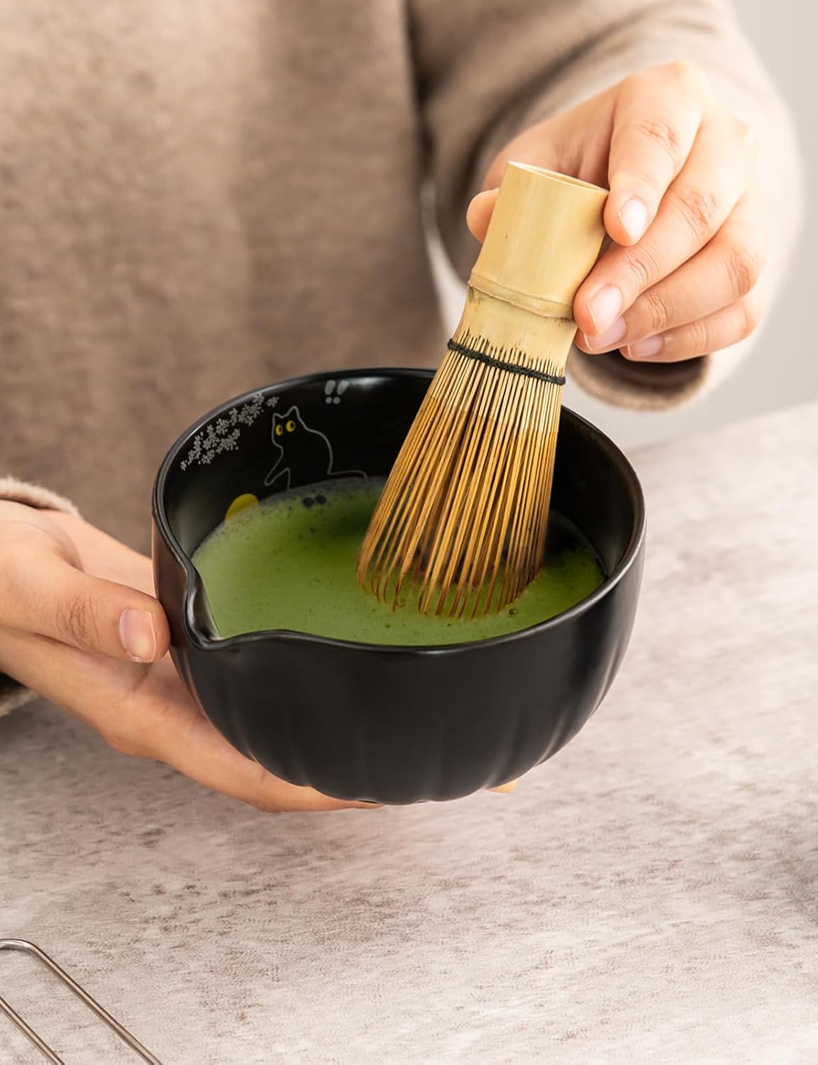 TANG PIN Matcha Set - Match Bowl and Whisk, 15 OZ, Matcha Scoop | Matcha Whisk Stand (Chasen Holder) - 5pc Perfect Matcha Kit for Matcha Tea Ceremony (Mottled Green)