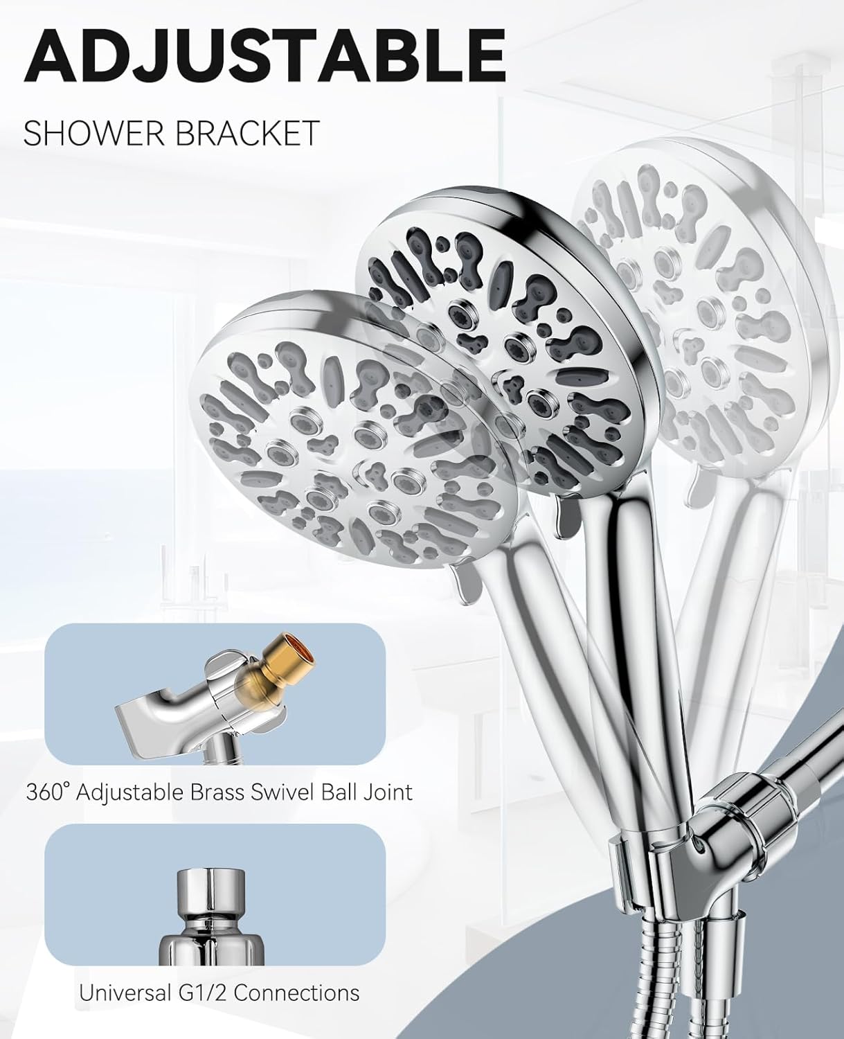 6-Setting Shower Head with Handheld, JDO High Pressure Hand held Shower Head, 4.7 Inch Chrome Detachable Showerhead Set with 59 Inch Stainless Steel Hose and Adjustable Showerhead Holder