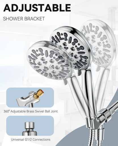 6-Setting Shower Head with Handheld, JDO High Pressure Hand held Shower Head, 4.7 Inch Chrome Detachable Showerhead Set with 59 Inch Stainless Steel Hose and Adjustable Showerhead Holder