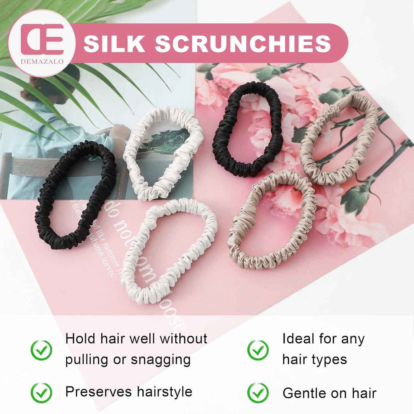 6Pcs Silk Hair Ties 100% Pure Mulberry Silk Scrunchies for Women Girls | No Hair Crease, Anti Frizz, Gentle Hold, No Damage, Black Brown Pink